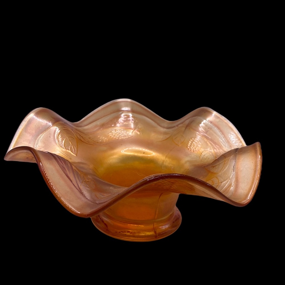 Vtg Stretch Glass Ruffle Bowl Amber Marigold Iridescent